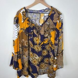 Cest 1946 Bell Sleeve Gold Blue Tribal Pattern